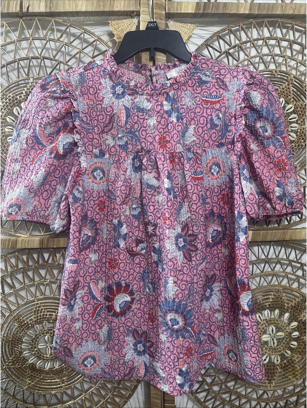 LOFT Women’s L Pink Floral Paisley Ruffle Blouse Puff Sleeve Textured Top
